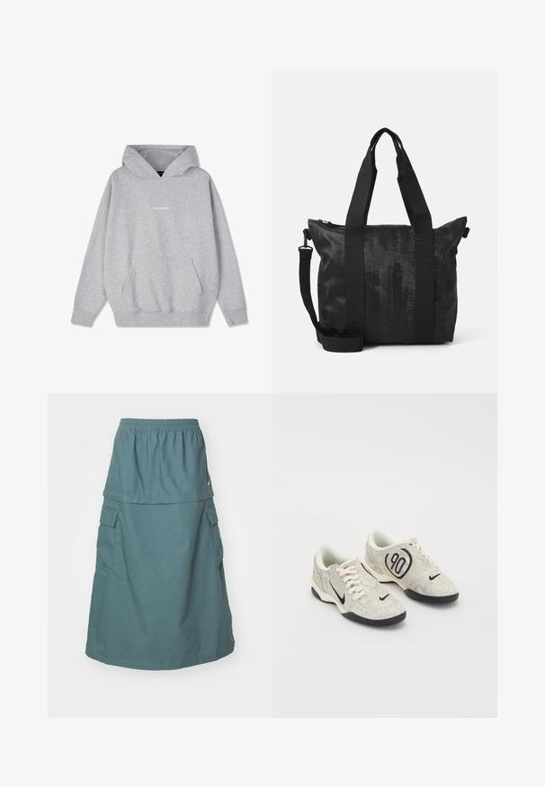 Szürke kapucnis pulóver pamut keverékből, elülső zsebbel és bordázott mandzsettákkal. A "PEGADORE" felirat fehér színben látható a mellkason.; Zöld, középhosszú szoknya rugalmas derékkal, két oldalsó cargo zsebbel és réteges kialakítással. Simább, könnyű anyagból készült.; Nike sneaker bézs és szürke textúrával ellátott felsőrésszel, fekete kiegészítőkkel, egy nagy "90" logóval és fehér fűzős záródással. Fekete talp.; Fekete tote táska texturált anyagból, dupla felső fogantyúval és levehető vállpánttal. Zippzáras záródással biztosítja a biztonságos tárolást.