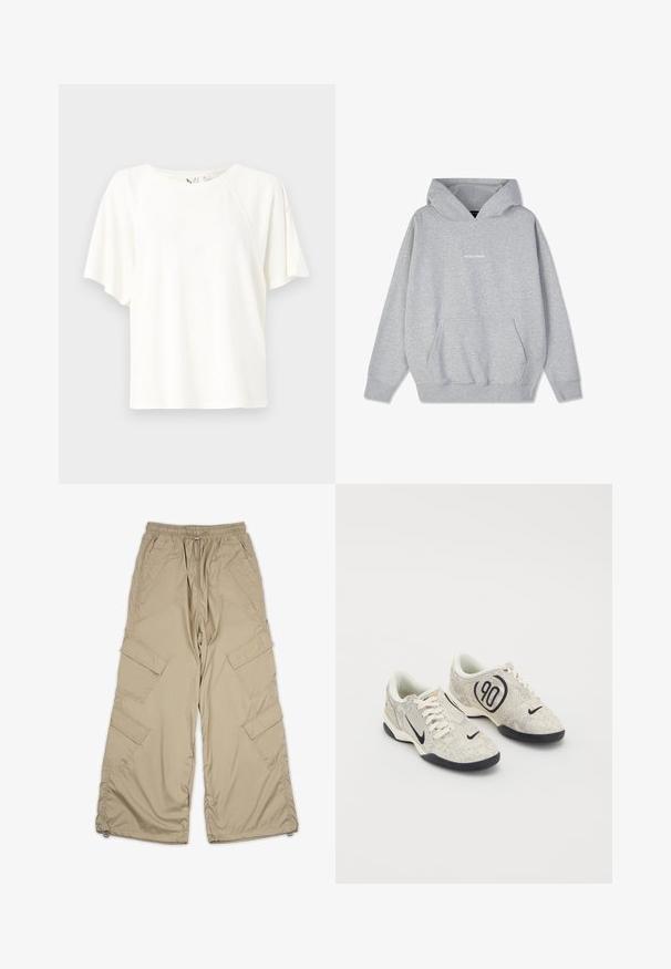 Grau Hoodies aus Baumwollmischung, mit einer Fronttasche und gerippten Bündchen. Das Wort "PEGADORE" in Weiß auf der Brust abgebildet.; Weißes Kurzarm-T-Shirt aus weichem Stoff, mit lockerer Passform, rundem Ausschnitt und dezentem Logo-Detail auf der Brust.; Beige Cargo-Hosen mit einem Kordelzugbund, mehreren Seitentaschen und einem lockeren Schnitt. Hergestellt aus leichtem, glattem Stoff mit Nähdetails.; Nike-Sneaker mit einem beigen und grauen texturierten Obermaterial, schwarzen Akzenten, einem großen "90"-Logo und einer weißen Schnürverschluss. Schwarze Sohle.