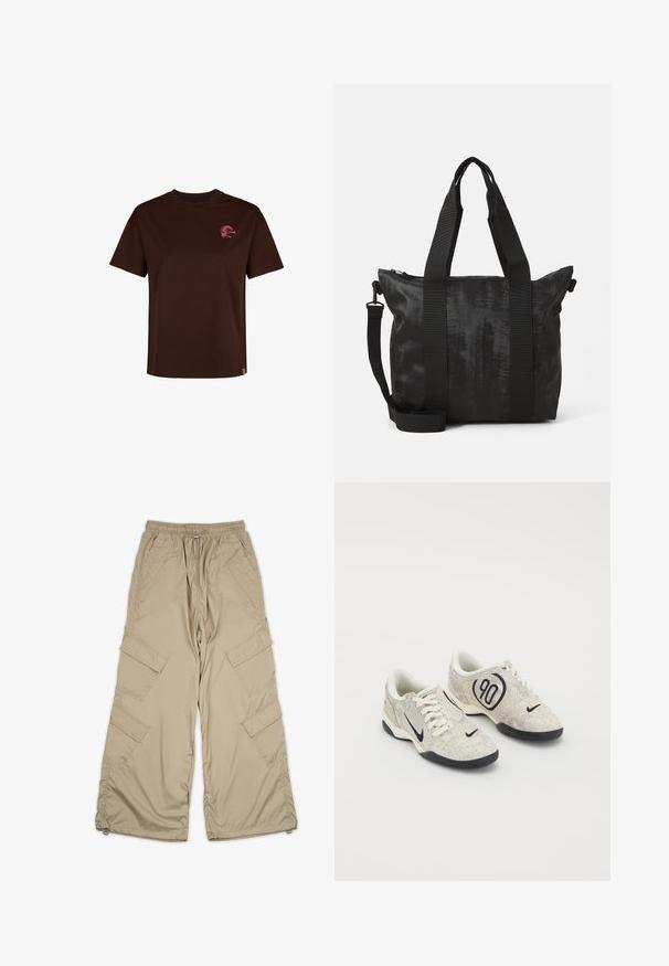 Grå hættebluse lavet af en bomuldsblanding, med en lommeslids foran og ribbede manchetter. Ordet "PEGADORE" vises på brystet i hvid.; Brun bomulds T-shirt med rund halsudskæring og korte ærmer. Har et lille pink logo på brystet og en lige kant.; Beige cargo bukser med snoretræk i taljen, flere sidelommer og en afslappet pasform. Lavet af letvægts, glat stof med syning detaljer.; Nike sneakers med en beige og grå tekstureret overdel, sorte accenter, et stort "90" logo og en hvid snørebåndslukning. Sort sål.; Sorte tote taske med tekstureret stof, dobbelt topremme og en aftagelig skulderrem. Har en lynlåslukning for sikker opbevaring.