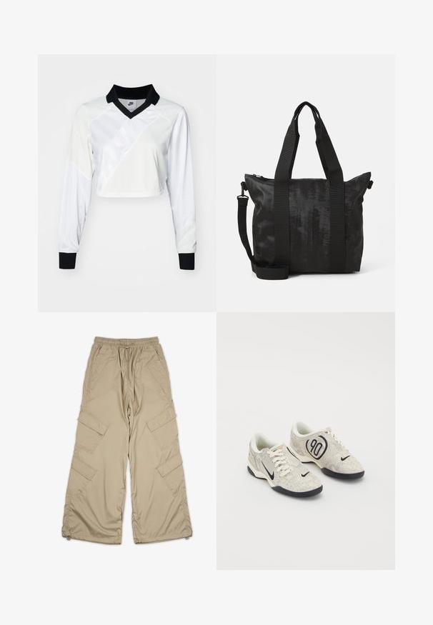 Pilkas gobtuvas megztinis, pagamintas iš medvilnės mišinio, su priekiu kišene ir rebriniais rankovių kraštais. Ant krūtinės balta spalva parašyta žodis "PEGADORE".; Balta ilgomis rankovėmis trumpa palaidinė su juodu apykakle. Pasižymi įstrižais skyriumi, derinys tekstūruoto ir lygaus audinio bei kontrastingomis juodomis rankogaliais.; Šviesiai rudos spalvos krovinių kelnės su raišteliu juosmens srityje, keliais šoninės kišenės ir laisvas siluetas. Pagamintos iš lengvos, lygios medžiagos su siuvimo detalėmis.; Nike kedai su bėgiu su smėline ir pilka tekstūruota viršutine dalimi, juodais akcentais, dideliu "90" logotipu ir balta raištelių užsegimu. Juodas padas.; Juodas pirkinių krepšys su tekstūruotu audiniu, dviem viršutinėmis rankenomis ir nuimamu petiniu diržu. Yra užtrauktuku uždaroma kišenė saugiam daiktų laikymui.