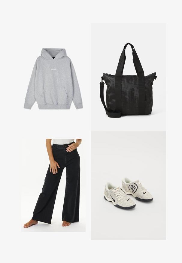 Gray hooded sweatshirt made of cotton blend, featuring a front pocket and ribbed cuffs. The word "PEGADORE" displayed on the chest in white.; High-waisted black wide-leg jeans made of denim, featuring a button and zipper closure, with raw hem detailing and side seam pockets.; Nike sneakers with a beige and gray textured upper, black accents, a large "90" logo, and a white lace-up closure. Black sole.; Black tote bag with textured fabric, dual top handles, and a detachable shoulder strap. Features a zippered closure for secure storage.