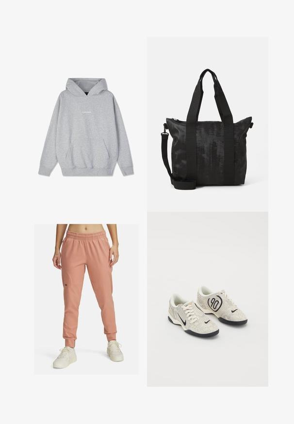 Siva kapuca majica iz mešavine pamuka, zdesna sa prednjim džepom i rebrastim manžetama. Reč "PEGADORE" prikazana je na grudima u beloj boji.; Roza atletska trenirka z elastičnim pasom, zoženim krojem nogavic, ton v tonu šivi in majhnim črnim logotipom na levi stegni.; Nike superge z zgornjim delom v bež in sivi teksturi, črnimi detajli, velikim logotipom "90" in belim vezalnim zapiranjem. Črn podplat.; Črna torba z teksturirano tkanino, dualnima zgornjima ročajema in snemljivim naramnim trakom. Ima zadrgo za varno shranjevanje.