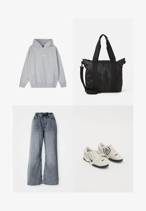 Šedá mikina s kapucí vyrobená z bavlněné směsi, s přední kapsou a žebrovanými manžetami. Na prsou je bíle zobrazeno slovo "PEGADORE".; Šedé džíny s širokými nohavicemi, elastickým pasem, stahovací šňůrkou a bočními kapsami. Zestárlá textura po celé látce.; Nike tenisky s béžovým a šedým texturovaným svrškem, černými akcenty, velkým logem "90" a bílým šněrováním. Černá podrážka.; Černá taška přes rameno s texturovanou tkaninou, dvojitými rukojeťmi a odnímatelným ramenním popruhem. Disponuje zipovým uzávěrem pro bezpečné uložení.