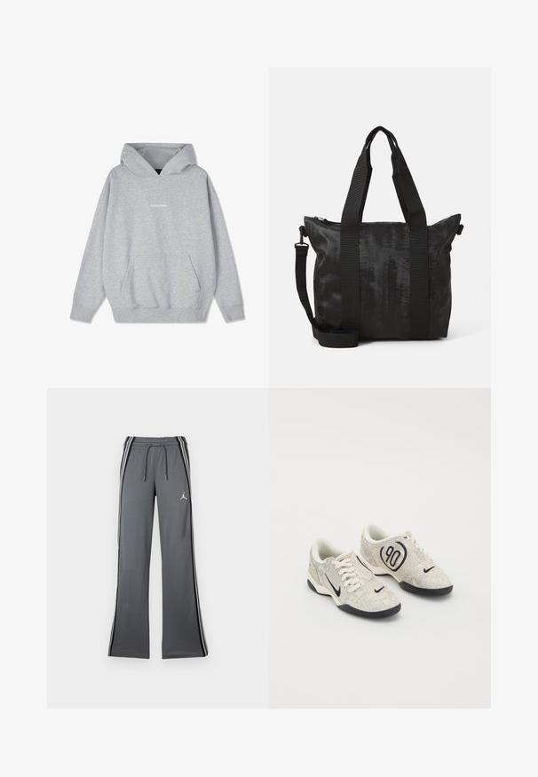 Šedá mikina s kapucí vyrobená z bavlněné směsi, s přední kapsou a žebrovanými manžetami. Na prsou je bíle zobrazeno slovo "PEGADORE".; Šedé tepláky se stahovací šňůrkou v pase, postranními pruhy a malým logem. Vyrobené z měkkého materiálu, mají širokou nohavici a hladkou texturu.; Nike tenisky s béžovým a šedým texturovaným svrškem, černými akcenty, velkým logem "90" a bílým šněrováním. Černá podrážka.; Černá taška přes rameno s texturovanou tkaninou, dvojitými rukojeťmi a odnímatelným ramenním popruhem. Disponuje zipovým uzávěrem pro bezpečné uložení.