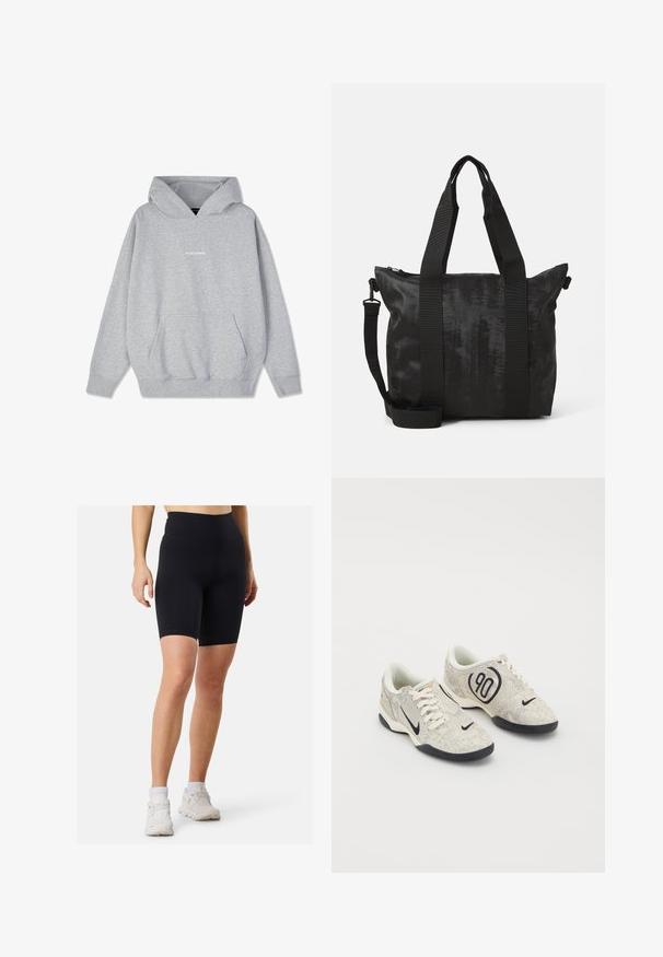 Grijze capuchontrui van een katoenmix, met een voorzak en geribbelde manchetten. Het woord "PEGADORE" staat in het wit op de borst.; Zwarte high-waisted fietsbroekjes van rekbaar materiaal met een gladde textuur, voorzien van een getailleerd ontwerp en een lengte tot halverwege de dij.; Nike sneakers met een beige en grijze textuur bovenkant, zwarte accenten, een groot "90" logo en een witte vetersluiting. Zwarte zool.; Zwarte tote bag van textuurstof, met dubbele handgrepen aan de bovenkant en een afneembare schouderband. Voorzien van een ritssluiting voor veilige opslag.