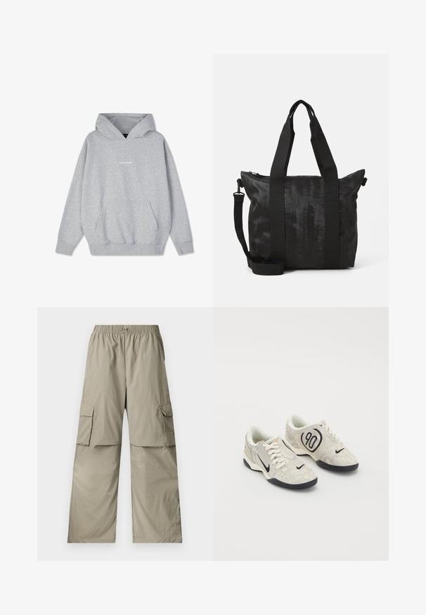 Sivi dukserica s kapuljačom izrađena od mješavine pamuka, sa prednjim džepom i rebrastim manžetama. Riječ "PEGADORE" prikazana na prsima u bijeloj boji.; Bež cargo hlače od lagane tkanine, s elastičnim pojasom, širokim krojem i dva velika bočna džepa.; Nike tenisice s bež i sivim teksturiranim gornjim dijelom, crnim naglascima, velikim logom "90" i bijelim vezanjem. Crna potplat.; Crna torba s teksturiranim materijalom, dvostrukim ručkama i odvojivim remenom za rame. Ima zatvaranje na patentni zatvarač za sigurnu pohranu.