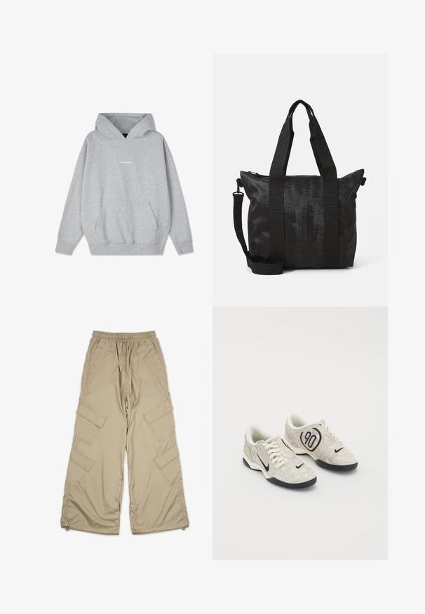 Pilkas gobtuvas megztinis, pagamintas iš medvilnės mišinio, su priekiu kišene ir rebriniais rankovių kraštais. Ant krūtinės balta spalva parašyta žodis "PEGADORE".; Šviesiai rudos spalvos krovinių kelnės su raišteliu juosmens srityje, keliais šoninės kišenės ir laisvas siluetas. Pagamintos iš lengvos, lygios medžiagos su siuvimo detalėmis.; Nike kedai su bėgiu su smėline ir pilka tekstūruota viršutine dalimi, juodais akcentais, dideliu "90" logotipu ir balta raištelių užsegimu. Juodas padas.; Juodas pirkinių krepšys su tekstūruotu audiniu, dviem viršutinėmis rankenomis ir nuimamu petiniu diržu. Yra užtrauktuku uždaroma kišenė saugiam daiktų laikymui.