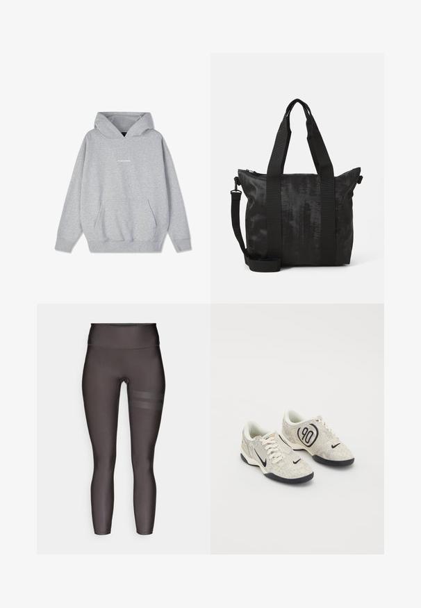 Sivi dukserica s kapuljačom izrađena od mješavine pamuka, sa prednjim džepom i rebrastim manžetama. Riječ "PEGADORE" prikazana na prsima u bijeloj boji.; Visoke, tamnosive tajice s glatkom teksturom; imaju dvije horizontalne pruge na lijevom bedru od kontrastnog materijala.; Nike tenisice s bež i sivim teksturiranim gornjim dijelom, crnim naglascima, velikim logom "90" i bijelim vezanjem. Crna potplat.; Crna torba s teksturiranim materijalom, dvostrukim ručkama i odvojivim remenom za rame. Ima zatvaranje na patentni zatvarač za sigurnu pohranu.