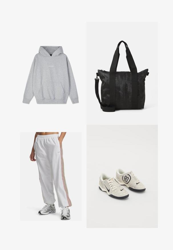 Siva kapuca majica iz mešavine pamuka, zdesna sa prednjim džepom i rebrastim manžetama. Reč "PEGADORE" prikazana je na grudima u beloj boji.; Bele športne hlače z elastiko v pasu, z roza in bež stranskimi črtami. Narejene so iz lahkega, gladkega materiala.; Nike superge z zgornjim delom v bež in sivi teksturi, črnimi detajli, velikim logotipom "90" in belim vezalnim zapiranjem. Črn podplat.; Črna torba z teksturirano tkanino, dualnima zgornjima ročajema in snemljivim naramnim trakom. Ima zadrgo za varno shranjevanje.