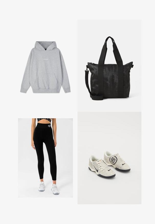 Pelēka kapuce cimds izgatavots no kokvilnas maisījuma, ar priekšējo kabatu un ribota odere. Vārds "PEGADORE" attēlots krūtīs baltā krāsā.; Melni riboti legingi ar augsto jostasvietu, uz kuras ir logo, kombinēti ar baltām sporta kedām, demonstrējot pieguļošu dizainu un mīkstu tekstūru.; Nike sporta apavi ar bēšas un pelēkas teksturētas virsmas, melniem akcentiem, lielu "90" logotipu un baltu šņorēšanas aizdari. Melna zole.; Melnā soma ar teksturētu audumu, divām augšējām rokturiem un noņemamu plecu siksnu. Aprīkota ar ieslēdzamu aizdari drošai uzglabāšanai.