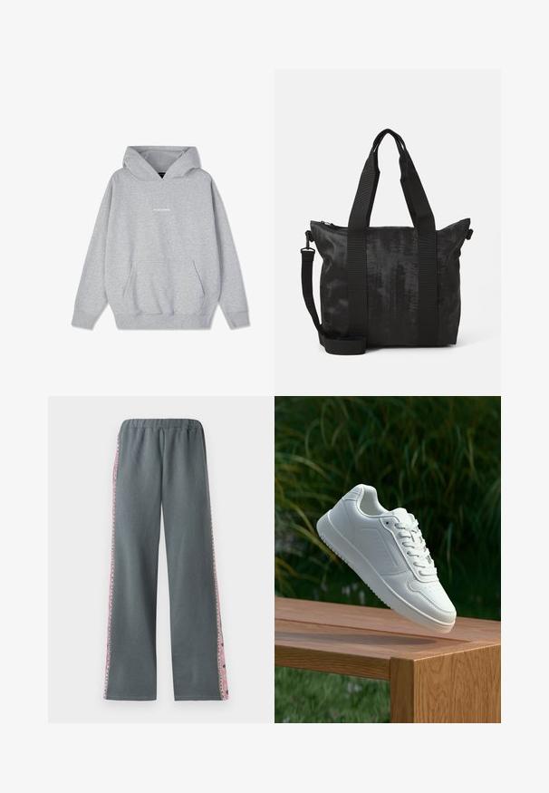 Grau Hoodies aus Baumwollmischung, mit einer Fronttasche und gerippten Bündchen. Das Wort "PEGADORE" in Weiß auf der Brust abgebildet.; Graue Jogginghose mit elastischem Bund, weitem Bein und bunten, gemusterten Akzenten an den Seiten. Hergestellt aus weichem, bequemem Material.; Weiße Sneaker mit einem glatten, synthetischen Obermaterial, perforierter Zehenbox, flachen Schnürsenkeln und einer strukturierten Sohle, präsentiert auf einer Holzoberfläche.; Schwarze Tote-Tasche aus strukturiertem Stoff, mit zwei oberen Griffen und einem abnehmbaren Schultergurt. Sie verfügt über einen Reißverschluss für sicheren Stauraum.