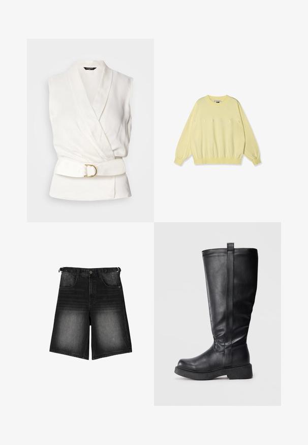 10DAYS LOGO - Felpa - pastel yellow; Blusa bianca senza maniche con design avvolgente e vita con cintura. Presenta una texture liscia e un accento con fibbia circolare dorata.; Shorts in denim nero con una finitura scolorita, cinque tasche, chiusura con bottone e passanti per cintura. Il tessuto ha una consistenza liscia.; Stivali neri al ginocchio realizzati in morbida pelle con suola piatta, dotati di una cucitura laterale e di una piccola linguetta nella parte superiore per una facile indossabilità.