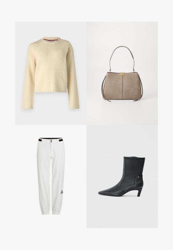 Beige knitted crewneck sweater with long sleeves and ribbed cuffs and hem, displayed on a plain white background.; White pants with an elastic waistband, featuring two buttons and black Velcro accents. Includes a small, triangular logo patch on the side.; Black leather ankle boots with a pointed toe and a low heel. Features a smooth texture and a small gold logo detail on the side.; Tommy Hilfiger CASUAL SHOULDER BAG - Handbag - coastal taupe