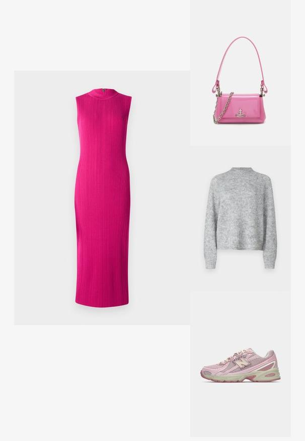 Hellgrauer Pullover mit hohem Kragen, langen Ärmeln und lockerer Passform. Aus strukturiertem Strickstoff mit subtilen Farbschattierungen gefertigt.; Figurbetontes, ärmelloses Kleid aus leuchtend pinkem Rippstoff. Hoher Rundhalsausschnitt mit Reißverschluss auf der Rückseite. Midi-Länge. Geschmeidige Textur.; Rosa und beige New Balance 740 Sneaker mit Obermaterial aus Mesh und Synthetik, Schnürverschluss und gepolsterter Sohle, seitlich dargestellt.; Rosa lackierte Handtasche mit rechteckiger Form, abnehmbarer Kettenriemen und silbernen Hardware-Details auf der Vorderseite.