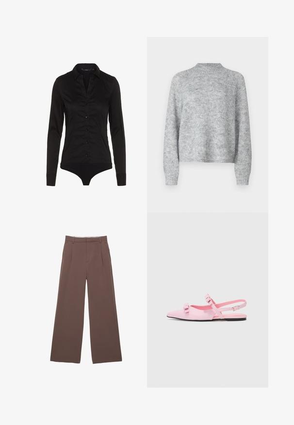 Pulover gri deschis cu guler înalt, mâneci lungi și croială lejeră. Fabricat dintr-un material tricotat texturat cu variații subtile de culoare.; Bodysuit negru cu mânecă lungă, guler, închidere cu nasturi în față și design ajustat. Fabricat dintr-un material neted cu o finisare elegantă.; Pantaloni largi dintr-un material solid de culoare maro, având o textură fină, pliseuri frontale și o talie adaptată. Fără logo-uri sau modele vizibile.; Pantofi slingback plat roz, cu vârf ascuțit și două fundițe decorative. Material sintetic neted, design minimalistic și o curea subțire la glezna.