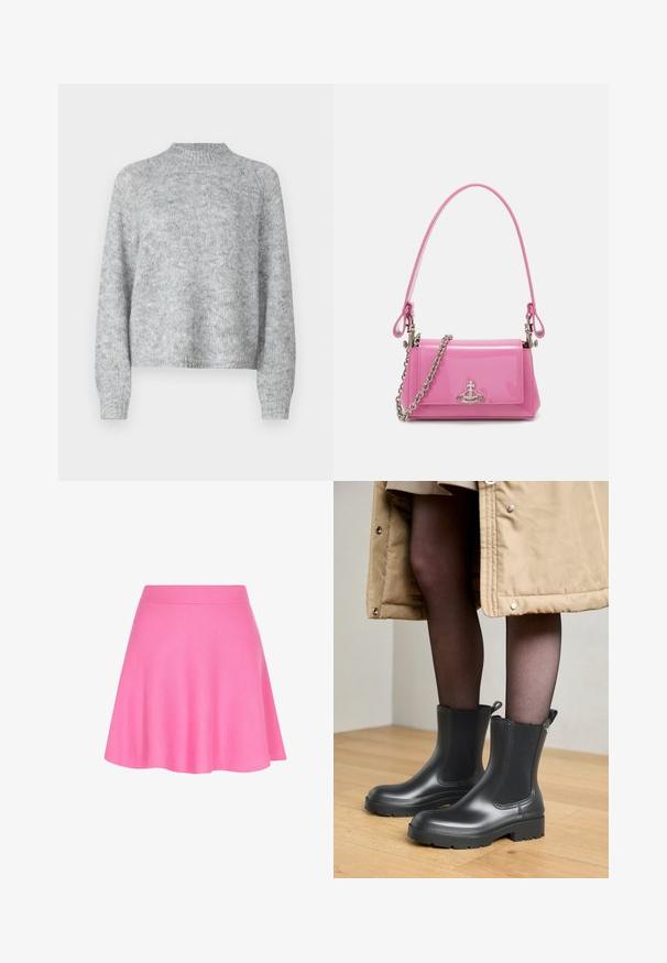 Világosszürke pulóver magas nyakkal, hosszú ujjal és laza fazonnal. Texturált kötött anyagból készült, finom színváltozatokkal.; Rózsaszín kötött szoknya, illeszkedő derékrésszel és harang alakú fazonnal, puha anyagból készült, amely sima textúrát ad.; Fekete gumicsizma bokáig érő, sima felülettel, elasztikus oldalsó panelekkel és masszív talppal. Sötét harisnyával és bézs kabáttal viselve.; Rózsaszín lakkbőr kézitáska téglalap alakú, levehető láncos vállpánttal és ezüst színű részletekkel az elején.