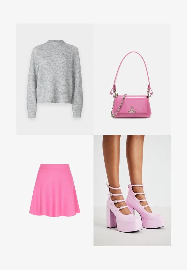 Gai pelēks džemperis ar augstu apkakli, garām piedurknēm un brīvu piegriezumu. Izgatavots no teksturēta adījuma auduma ar vieglām krāsas variācijām.; Rozā adīta svārki ar pieguļošu jostasvietu un paplatinātu dizainu, izgatavoti no mīkstas auduma, kas piešķir gludu tekstūru.; Koi Footwear PEARL DEWDROP PLATFORM HEELS - Augsti papēži - pink; Rozā lakots ādas rokassomu ar taisnstūrveida formu, atvienojamu ķēdes siksniņu un sudraba aksesuāriem priekšpusē.