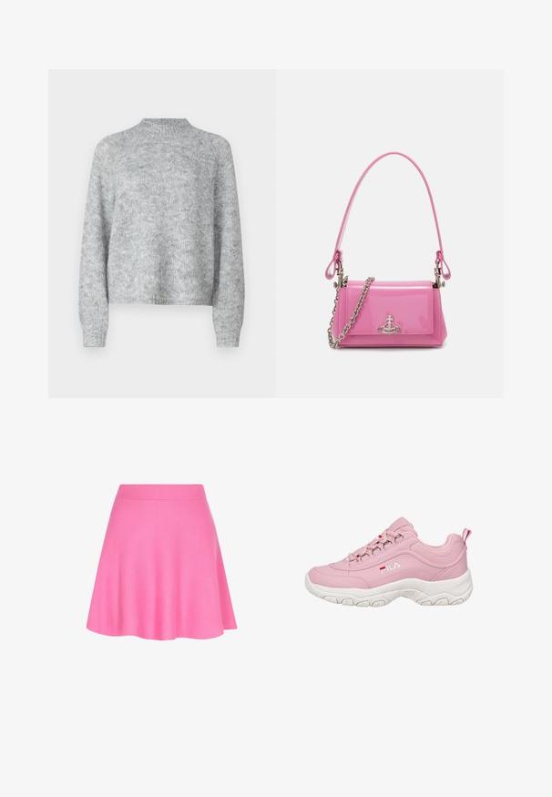 Pulover gri deschis cu guler înalt, mâneci lungi și croială lejeră. Fabricat dintr-un material tricotat texturat cu variații subtile de culoare.; Fustă tricotată roz, cu talie ajustată și design evazat, realizată dintr-un material moale care adaugă o textură fină.; Adidași roz cu un superior sintetic neted, talpă din cauciuc alb, design cu șireturi și logo-ul FILA pe lateral. Include o bandă de prindere la călcâi.; Geantă de mână din piele patent roz, cu formă rectangulară, curea cu lanț detașabil și detalii din metal argintiu pe față.