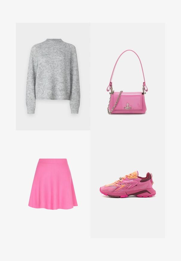 Ljust grå tröja med hög krage, långa ärmar och en lös passform. Tillverkad av en texturerad stickad tyg med subtila färgvariationer.; Rosa stickad kjol med en åtsittande midja och utsvängd design, tillverkad av mjukt tyg som ger en slät textur.; Rosa sportskor med en blandning av material, inklusive mesh och mocka, med orange och burgunderfärgade accenter, samt en texturerad sula.; Rosa lackläderhandväska med rektangulär form, avtagbar kedjestropp och detaljer i silver på framsidan.