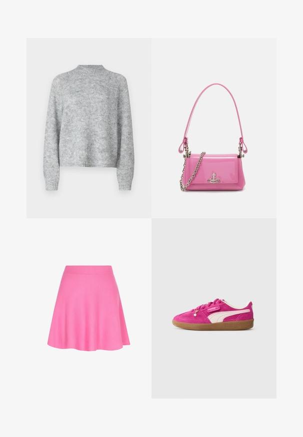 Heled halli kivipesu, millel on kõrge kaelus, pikad varrukad ja vabam lõige. Valmistatud tekstuurse kudumise kangast, millel on peened värvimuutused.; Roosa kudumiskleit, millel on vormitud vöökoht ja laienev disain, tehtud pehmest kangast, mis lisab siledat tekstuuri.; Erkki roosa nahkaja Puma toss, millel on valge küljeriba, kummi tald ja dekoratiivne pärl paeltes, helesinise halli tausta ees.; Roosa sädelev nahast käekott ristkülikukujulise disainiga, eemaldatava ahelkandega ning hõbedaste detailidega esifailil.