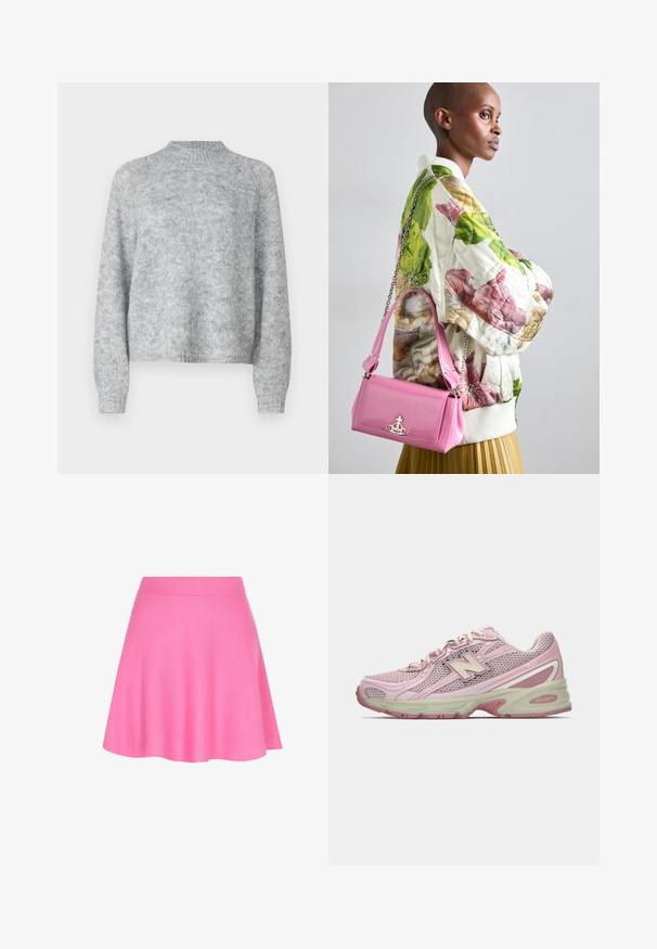 Jasnoszary sweter z wysokim kołnierzem, długimi rękawami i luźnym krojem. Wykonany z teksturowanej dzianiny o subtelnych odmianach koloru.; Różowa dzianinowa spódnica z dopasowanym paskiem w talii i rozkloszowanym krojem, wykonana z miękkiego materiału, który dodaje gładkiej faktury.; Różowo-beżowe sneakersy New Balance 740 z siateczkową i syntetyczną cholewką, sznurowanym zapięciem oraz amortyzującą podeszwą, przedstawione w profilu bocznym.; Kurtka bomber z pikowanym kwiatowym wzorem w kolorach zielonym, różowym i beżowym; w zestawie z błyszczącą różową torebką z łańcuszkiem i logo.