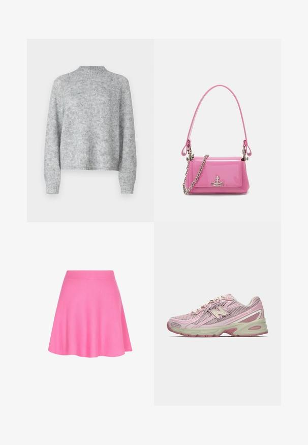 Vaaleanharmaa neulepusero, jossa on korkea kaulus, pitkät hihat ja löysä istuvuus. Valmistettu teksturoidusta neulekankaasta, jossa on hienovaraisia värivaihteluita.; Vaaleanpunainen neulottu hame, jossa on istuva vyötärö ja levenevä muotoilu, valmistettu pehmeästä kankaasta, joka lisää sileää tekstuuria.; Vaaleanpunaiset ja beigeet New Balance 740 -lenkkarit, joissa on verkkokangas ja synteettinen päällinen, nauhakiinnitys ja pehmustettu pohja, esitettynä sivuprofiilissa.; Vaalea vaaleanpunainen lakattu nahkakäsilaukku, jossa on suorakulmainen muoto, irrotettava ketjun olkaimet ja hopeiset yksityiskohdat edessä.