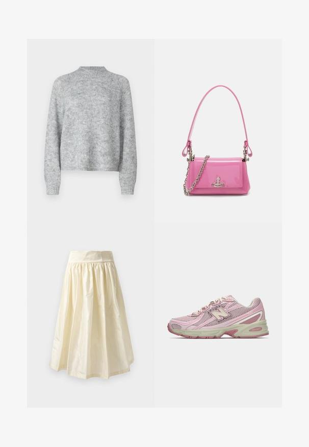 Vaaleanharmaa neulepusero, jossa on korkea kaulus, pitkät hihat ja löysä istuvuus. Valmistettu teksturoidusta neulekankaasta, jossa on hienovaraisia värivaihteluita.; Hame cream-värvissä, keskipitkä, valmistettu kevyestä ja kiiltävästä kankaasta, jossa on gathered vyötärö ja sileä pinta.; Vaaleanpunaiset ja beigeet New Balance 740 -lenkkarit, joissa on verkkokangas ja synteettinen päällinen, nauhakiinnitys ja pehmustettu pohja, esitettynä sivuprofiilissa.; Vaalea vaaleanpunainen lakattu nahkakäsilaukku, jossa on suorakulmainen muoto, irrotettava ketjun olkaimet ja hopeiset yksityiskohdat edessä.
