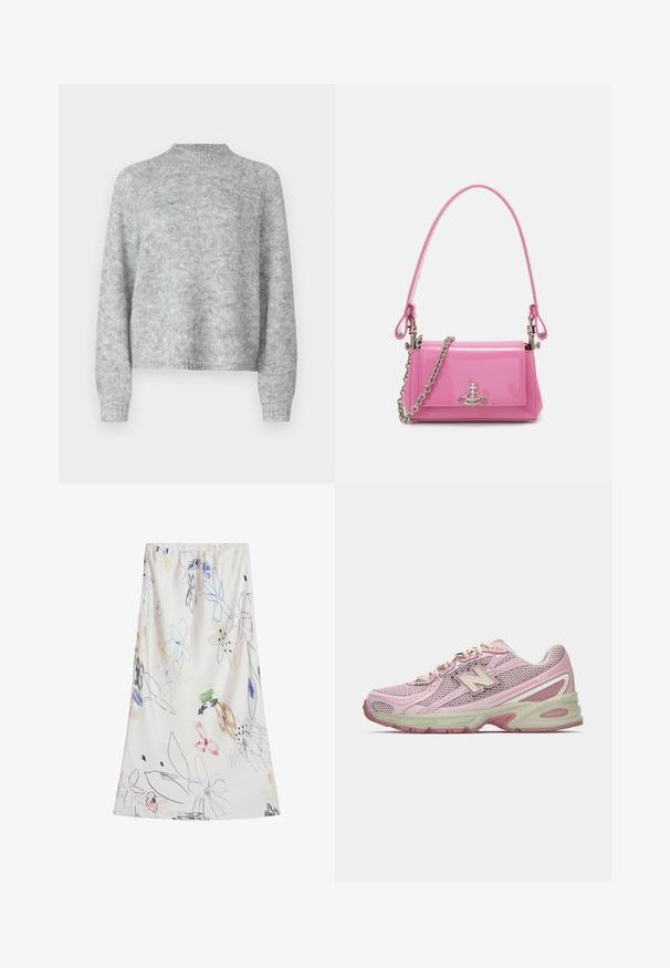 Hellgrauer Pullover mit hohem Kragen, langen Ärmeln und lockerer Passform. Aus strukturiertem Strickstoff mit subtilen Farbschattierungen gefertigt.; Desigual WITH STROKES - Maxirock - beige; Rosa und beige New Balance 740 Sneaker mit Obermaterial aus Mesh und Synthetik, Schnürverschluss und gepolsterter Sohle, seitlich dargestellt.; Rosa lackierte Handtasche mit rechteckiger Form, abnehmbarer Kettenriemen und silbernen Hardware-Details auf der Vorderseite.