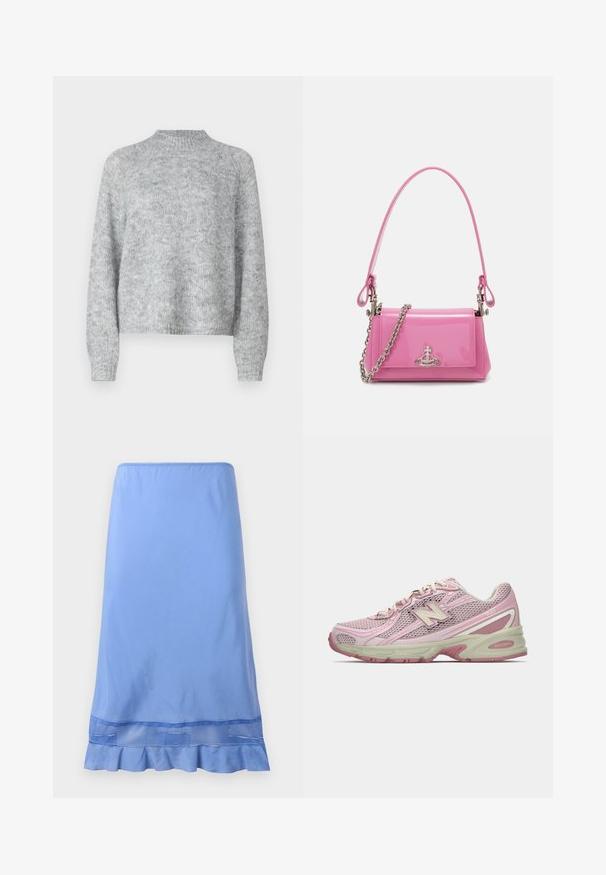 Hellgrauer Pullover mit hohem Kragen, langen Ärmeln und lockerer Passform. Aus strukturiertem Strickstoff mit subtilen Farbschattierungen gefertigt.; Helle blaue, knielange Skirt aus glattem Stoff, mit einem gerafften Saum und einem Netzakzent nahe dem Saum. Einfaches Pull-On-Design.; Rosa und beige New Balance 740 Sneaker mit Obermaterial aus Mesh und Synthetik, Schnürverschluss und gepolsterter Sohle, seitlich dargestellt.; Rosa lackierte Handtasche mit rechteckiger Form, abnehmbarer Kettenriemen und silbernen Hardware-Details auf der Vorderseite.