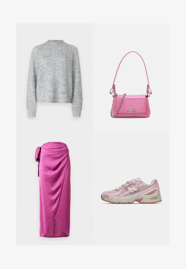 Svetle šedý svetr s vysokým límcem, dlouhými rukávy a volným střihem. Vyrobeno z texturované pleteniny s jemnými barevnými variacemi.; Růžová zavinovací sukně se šněrováním na boku, vyznačující se drapovanou tkaninou, hladkým povrchem a asymetrickým lemem. Lehce materiál s volným designem.; Růžové a béžové tenisky New Balance 740 s vrchní částí z polyesteru a syntetiky, se šněrováním a polstrovanou podrážkou zobrazené z boku.; Růžová lakovaná kabelka obdélníkového tvaru, odnímatelný řetízkový popruh a stříbrné kovové detaily na přední straně.