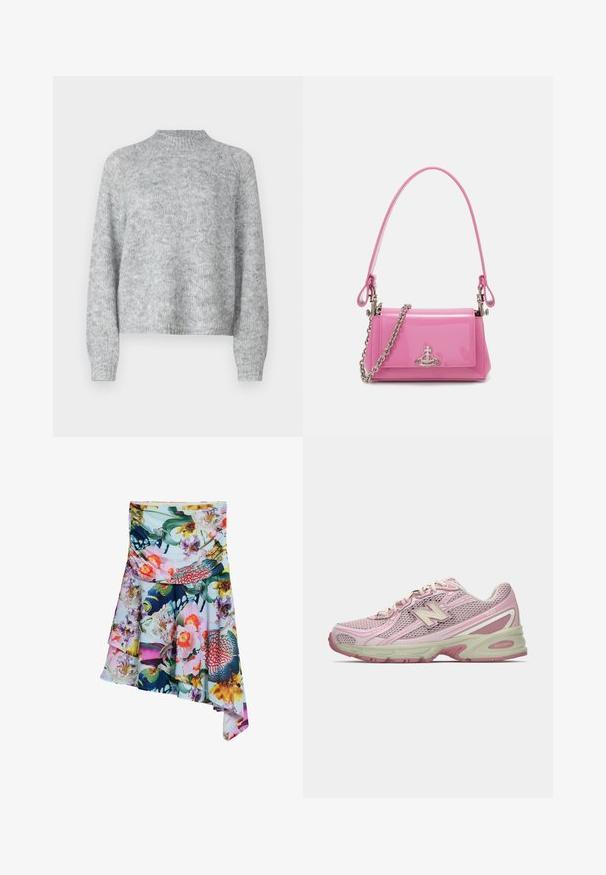 Heled halli kivipesu, millel on kõrge kaelus, pikad varrukad ja vabam lõige. Valmistatud tekstuurse kudumise kangast, millel on peened värvimuutused.; Kerge kangast lilleline seelik, mis esitleb erksaid värve, ebatasast hemmi ja kalade ning lillede mustrite segu.; Roosa ja beež New Balance 740 sneaker, millel on võrkkattega ja sünteetilisest materjalist ülemine osa, paelaga kinnitus ja pehme tallaga, kujutatud külgprofilis.; Roosa sädelev nahast käekott ristkülikukujulise disainiga, eemaldatava ahelkandega ning hõbedaste detailidega esifailil.