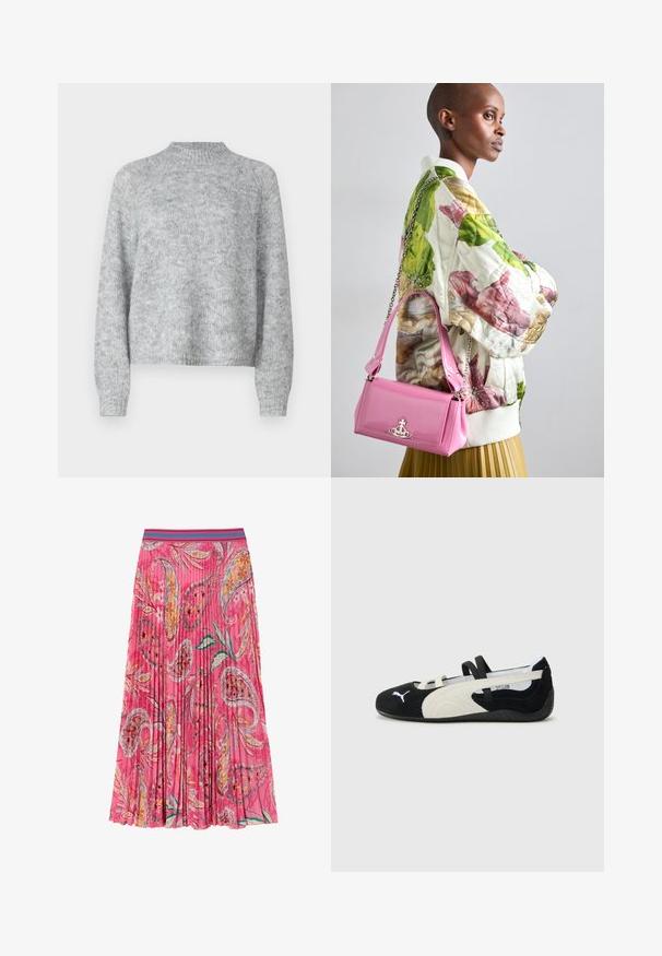 Világosszürke pulóver magas nyakkal, hosszú ujjal és laza fazonnal. Texturált kötött anyagból készült, finom színváltozatokkal.; Rózsaszín pliszírozott szoknya virágos és paisley mintákkal, ellentétes türkiz csíkos derekú részel. Könnyű anyagból készült.; Fekete és krémszínű, ultra könnyű cipő, velúr felsőrésszel, lapos talppal, rugalmas pántokkal és kis logóval a lábujjnál.; Zöld, rózsaszín és bézs színű, tűzött virágmintás bomber dzseki, fényes rózsaszín táskával párosítva, láncos pánttal és logóval ellátott hardverrel.