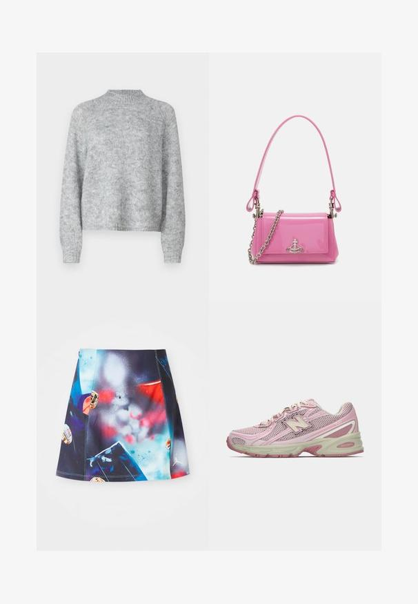 Suéter gris claro con cuello alto, mangas largas y un corte holgado. Hecho de un tejido de punto texturizado con variaciones sutiles en el color.; Falda deportiva corta y multicolor con un diseño vibrante de salpicaduras y detalles con logotipos. Confeccionada en un tejido ligero y transpirable.; Zapatilla New Balance 740 en color rosa y beige con parte superior de malla y sintético, cierre con cordones y suela acolchada, mostrada en perfil lateral.; Bolso de mano de charol rosa con forma rectangular, correa de cadena desmontable y detalle de hardware en plata en la parte frontal.