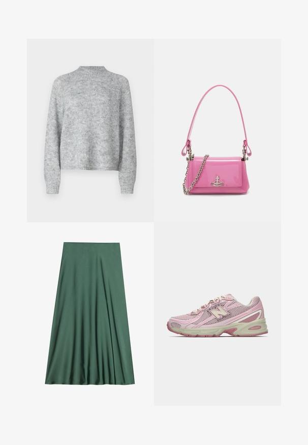 Pulover gri deschis cu guler înalt, mâneci lungi și croială lejeră. Fabricat dintr-un material tricotat texturat cu variații subtile de culoare.; Fustă midi verde, confecționată dintr-un material neted și ușor. Are un design fluid, cu pliseuri, fără închideri vizibile sau modele.; Adidașii New Balance 740 în nuanțe de roz și bej, cu un superior din plasă și material sintetic, cu sistem de închidere cu șireturi și talpă cu amortizare, prezentați în profil lateral.; Geantă de mână din piele patent roz, cu formă rectangulară, curea cu lanț detașabil și detalii din metal argintiu pe față.