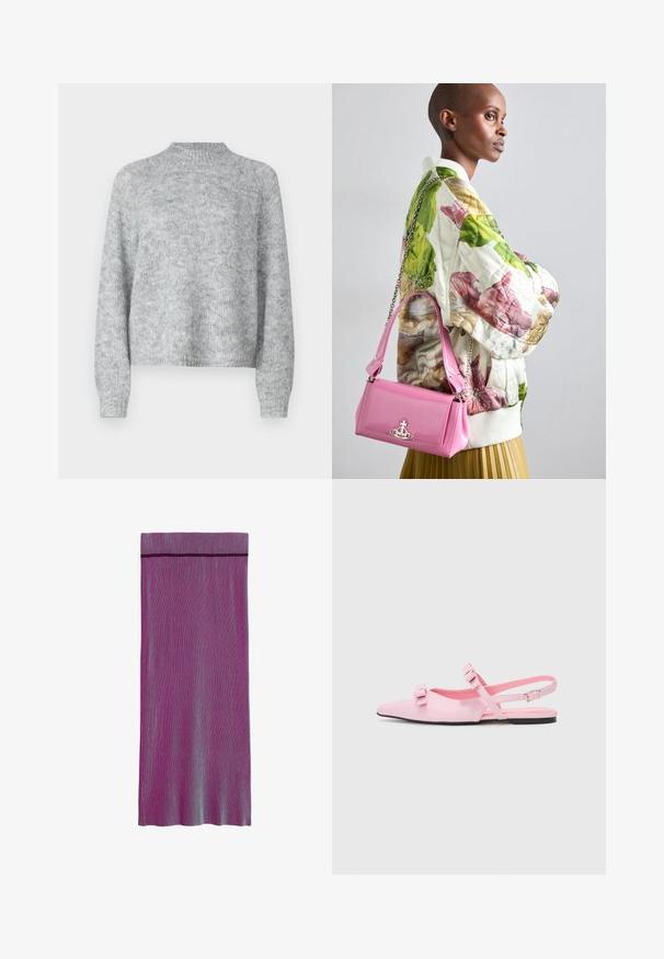 Világosszürke pulóver magas nyakkal, hosszú ujjal és laza fazonnal. Texturált kötött anyagból készült, finom színváltozatokkal.; Térd alá érő redős szoknya különböző árnyalatú lila és kék színekben. Egyszínű derékpánttal és függőleges csíkos mintázattal rendelkezik.; Rózsaszín, lapos sarkú slingback cipők hegyes orral és két díszes masnival. Sima szintetikus anyag, minimalista dizájn és vékony bokapánt.; Zöld, rózsaszín és bézs színű, tűzött virágmintás bomber dzseki, fényes rózsaszín táskával párosítva, láncos pánttal és logóval ellátott hardverrel.