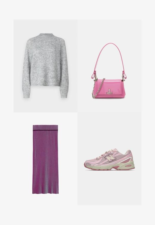 Maglione grigio chiaro con collo alto, maniche lunghe e vestibilità ampia. Realizzato in un tessuto a maglia strutturata con leggere variazioni di colore.; Gonna plissettata fino al ginocchio in diverse tonalità di viola e blu. Presenta una vita solida e un motivo a righe verticali su tutta la superficie.; Sneaker New Balance 740 in rosa e beige con tomaia in mesh e sintetico, chiusura con lacci e suola imbottita, mostrato in profilo laterale.; Borsa a mano in pelle verniciata rosa con forma rettangolare, tracolla a catena removibile e dettaglio in hardware argentato sul davanti.