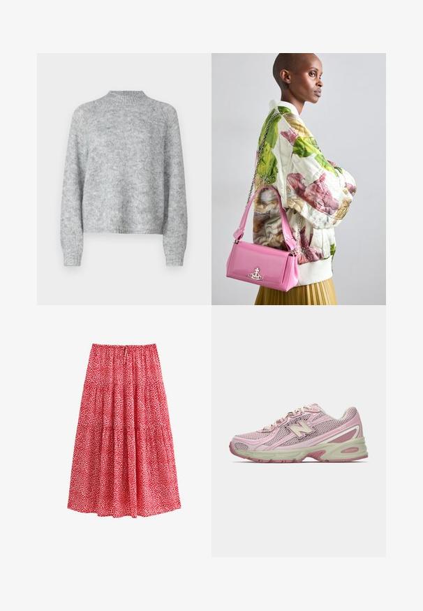 Pull léger gris clair avec un col cheminée, des manches longues et une coupe décontractée. Fabriqué en tissu tricoté texturé avec des variations de couleur subtiles.; Jupe rouge avec un motif floral et des accents blancs, taille froncée, design en tiers et tissu léger.; Baskets New Balance 740 rose et beige avec tige en mesh et synthétique, fermeture à lacets et semelle rembourrée, présentées en profil latéral.; Veste bomber matelassée à fleurs en vert, rose et beige ; accompagnée d'un sac à main rose brillant avec une bandoulière en chaîne et un matériel logo.