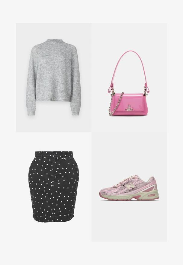 Jasnoszary sweter z wysokim kołnierzem, długimi rękawami i luźnym krojem. Wykonany z teksturowanej dzianiny o subtelnych odmianach koloru.; Czarna spódnica dżinsowa z białymi kropkami, dopasowany krój oraz zapięcie na guziki z przodu, z kieszeniami po bokach.; Różowo-beżowe sneakersy New Balance 740 z siateczkową i syntetyczną cholewką, sznurowanym zapięciem oraz amortyzującą podeszwą, przedstawione w profilu bocznym.; Różowa torebka z lakierowanej skóry o prostokątnym kształcie, z odpinanym łańcuchem i srebrnymi detalami z przodu.