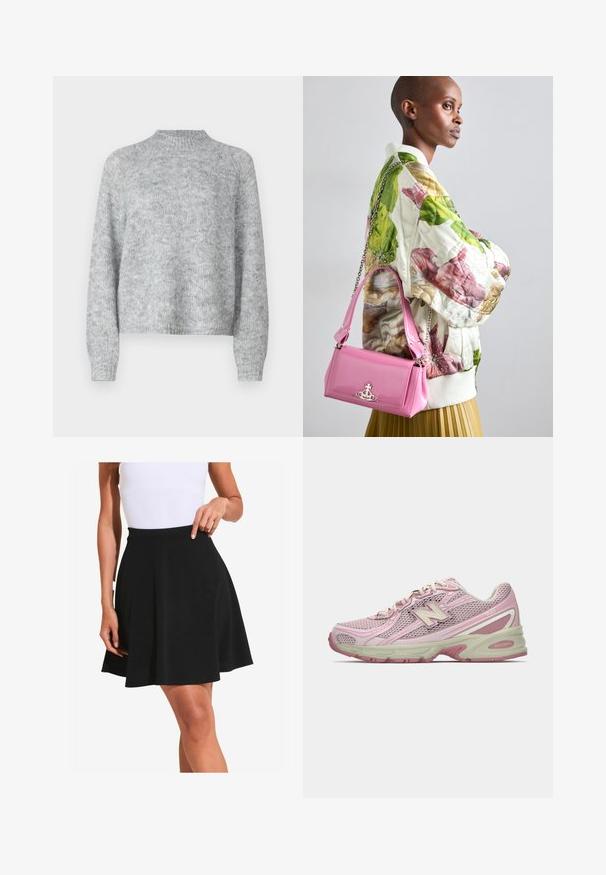 Jasnoszary sweter z wysokim kołnierzem, długimi rękawami i luźnym krojem. Wykonany z teksturowanej dzianiny o subtelnych odmianach koloru.; Czarna spódnica w kształcie dzwonu wykonana z miękkiego materiału o gładkiej strukturze i szerokiej talii, zdobiona delikatnymi plisami oraz o długości do kolan.; Różowo-beżowe sneakersy New Balance 740 z siateczkową i syntetyczną cholewką, sznurowanym zapięciem oraz amortyzującą podeszwą, przedstawione w profilu bocznym.; Kurtka bomber z pikowanym kwiatowym wzorem w kolorach zielonym, różowym i beżowym; w zestawie z błyszczącą różową torebką z łańcuszkiem i logo.