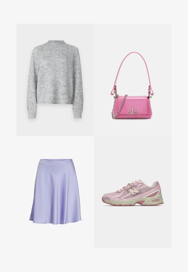 Ανοιχτό γκρι πουλόβερ με ψηλό λαιμό, μακριά μανίκια και χαλαρή εφαρμογή. Φτιαγμένο από υφασμάτινη πλέξη με υπογείες παραλλαγές στο χρώμα.; Απαλή λουλακί σατέν φούστα με σχήμα Α, απαλή υφή και διακριτική λάμψη, διαθέτοντας μια λεία μέση και φαρδιά τελειώματα.; Ροζ και μπεζ αθλητικά παπούτσια New Balance 740 με πλέγμα και συνθετικό πάνω μέρος, με σχέδιο δέσιμο και μαλακή σόλα, απεικονισμένα σε πλάγια προφίλ.; Ροζ παρθένο δέρμα τσάντα χεριού με ορθογώνιο σχήμα, αποσπώμενη αλυσίδα και λεπτομέρειες από ασημένιο υλικό στο μπροστινό μέρος.