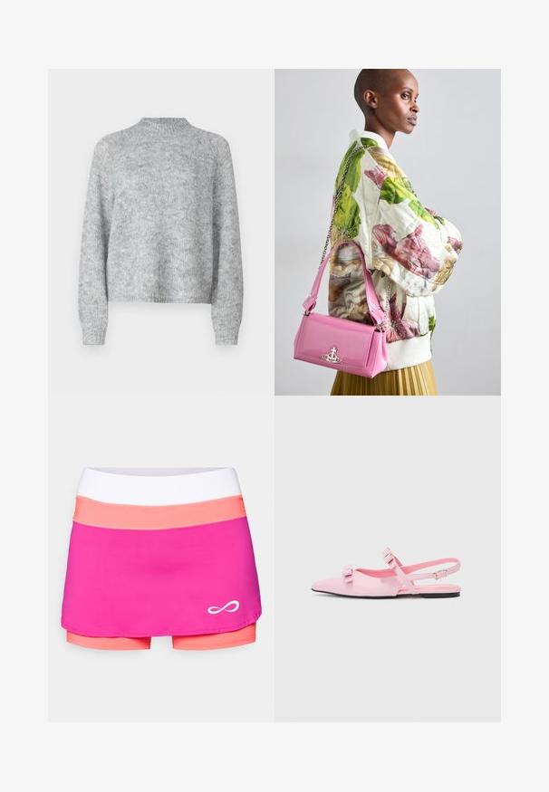 Lichtgrijze trui met hoge nek, lange mouwen en een losse pasvorm. Gemaakt van een textuur gebreide stof met subtiele kleurvariaties.; Endless SKIRT RACE - Rokken - deep fucsia; Roze, platte slingback schoenen met een spitse neus en twee decoratieve strikken. Glad synthetisch materiaal, minimalistisch ontwerp en een dunne enkelband.; Gequilted bloemen bomberjack in groen, roze en beige; gecombineerd met een glanzende roze handtas met een kettingriem en logo hardware.
