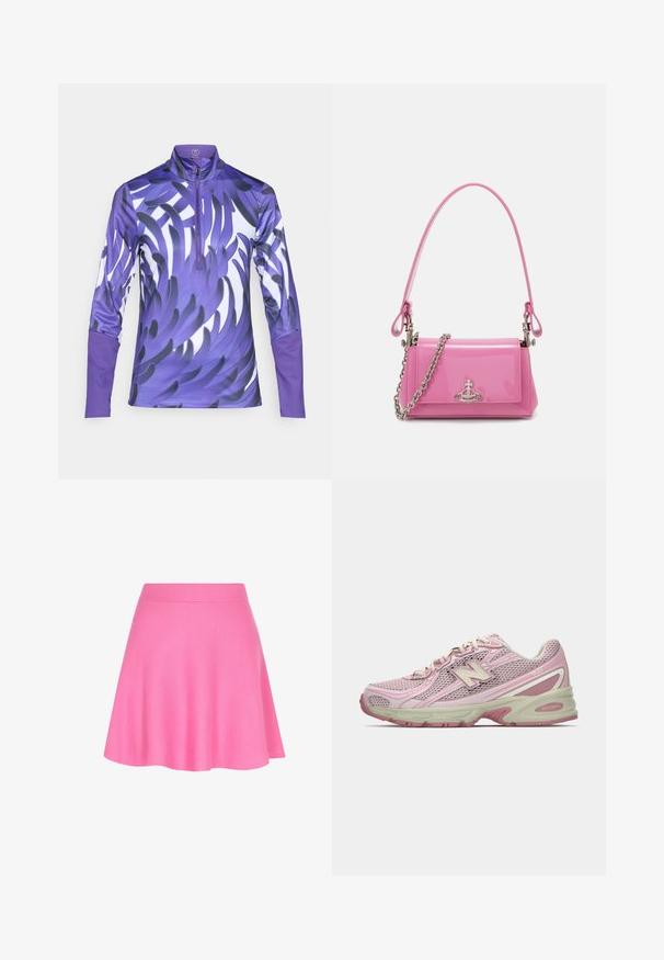 Suéter gris claro con cuello alto, mangas largas y un corte holgado. Hecho de un tejido de punto texturizado con variaciones sutiles en el color.; Top de rendimiento de manga larga en color púrpura, con cuello con cremallera. La tela tiene un acabado brillante con un patrón dinámico similar a hojas en diferentes tonos de púrpura.; Falda de punto rosa con una cinturilla ajustada y un diseño acampanado, hecha de tejido suave que aporta una textura lisa.; Zapatilla New Balance 740 en color rosa y beige con parte superior de malla y sintético, cierre con cordones y suela acolchada, mostrada en perfil lateral.; Bolso de mano de charol rosa con forma rectangular, correa de cadena desmontable y detalle de hardware en plata en la parte frontal.
