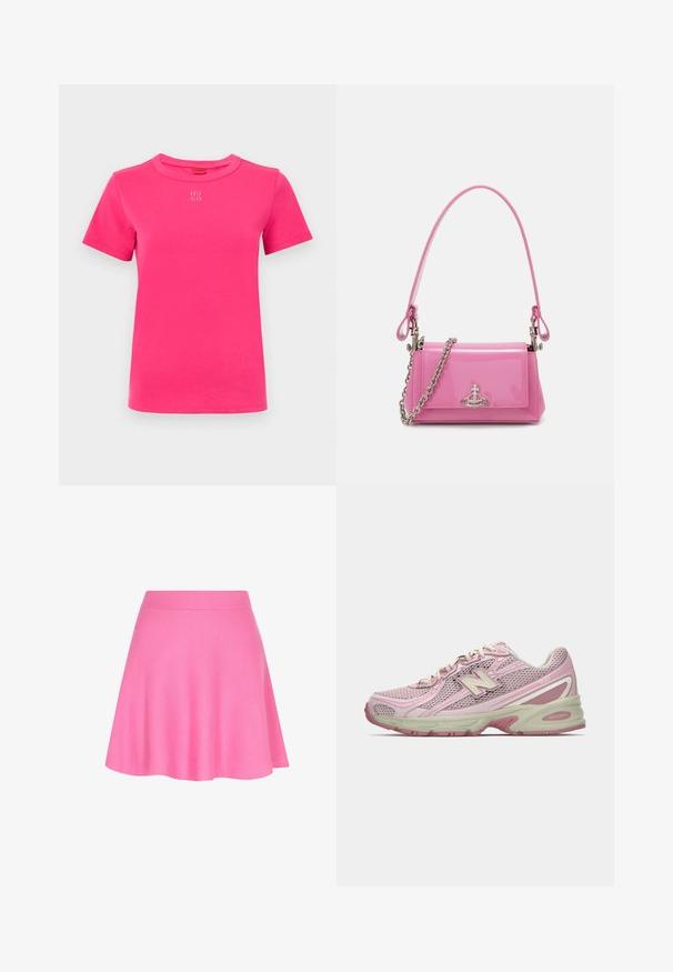 Svetle šedý svetr s vysokým límcem, dlouhými rukávy a volným střihem. Vyrobeno z texturované pleteniny s jemnými barevnými variacemi.; Světlá růžová bavlněná tričko s krátkými rukávy, kulatým výstřihem a malým bílým logem "HUGO" na hrudi. Hladká textura, klasický střih.; Růžová pletená sukně s přiléhavým pasem a rozšířeným designem, vyrobená z měkké látky, která dodává hladkou texturu.; Růžové a béžové tenisky New Balance 740 s vrchní částí z polyesteru a syntetiky, se šněrováním a polstrovanou podrážkou zobrazené z boku.; Růžová lakovaná kabelka obdélníkového tvaru, odnímatelný řetízkový popruh a stříbrné kovové detaily na přední straně.
