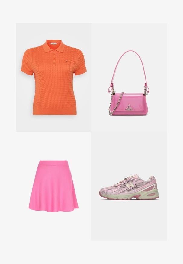 Világosszürke pulóver magas nyakkal, hosszú ujjal és laza fazonnal. Texturált kötött anyagból készült, finom színváltozatokkal.; Rövid ujjú pólóing élénk narancssárga színben, texturált kötött mintával, háromgombos gallérral és egy kis logóval a bal mellen.; Rózsaszín kötött szoknya, illeszkedő derékrésszel és harang alakú fazonnal, puha anyagból készült, amely sima textúrát ad.; Rózsaszín és bézs New Balance 740 sneaker, hálós és szintetikus felsőrésszel, fűzős záródással és párnázott talppal, oldalnézetből bemutatva.; Rózsaszín lakkbőr kézitáska téglalap alakú, levehető láncos vállpánttal és ezüst színű részletekkel az elején.