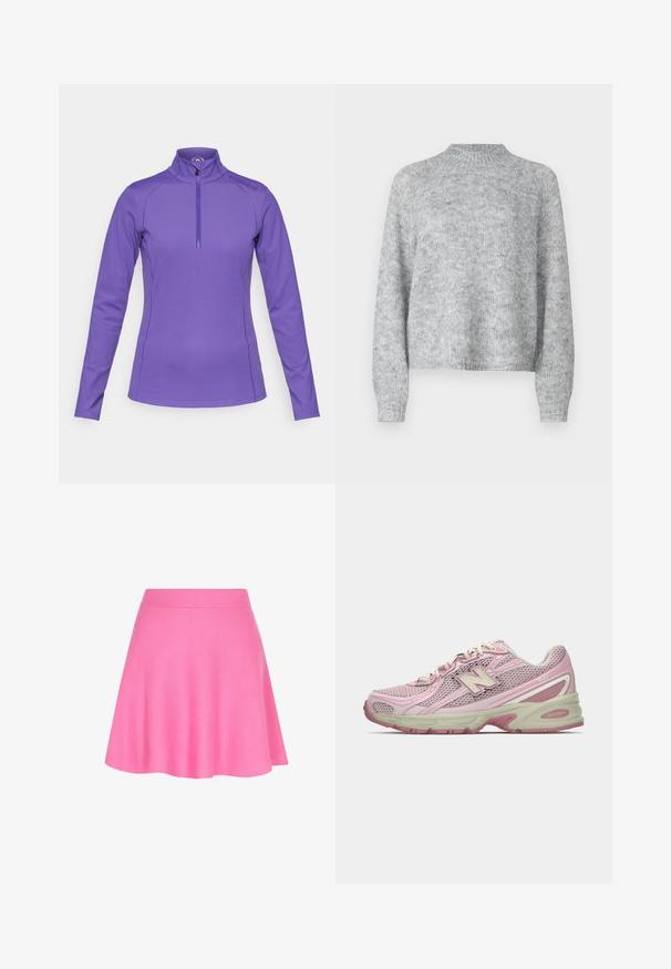 Vaaleanharmaa neulepusero, jossa on korkea kaulus, pitkät hihat ja löysä istuvuus. Valmistettu teksturoidusta neulekankaasta, jossa on hienovaraisia värivaihteluita.; Violetti pitkähihainen paita, jossa on pystypanta ja puolivetoketju. Valmistettu sileästä, joustavasta kankaasta, jossa on litteät saumat ja logotiedot olkapäällä.; Vaaleanpunainen neulottu hame, jossa on istuva vyötärö ja levenevä muotoilu, valmistettu pehmeästä kankaasta, joka lisää sileää tekstuuria.; Vaaleanpunaiset ja beigeet New Balance 740 -lenkkarit, joissa on verkkokangas ja synteettinen päällinen, nauhakiinnitys ja pehmustettu pohja, esitettynä sivuprofiilissa.