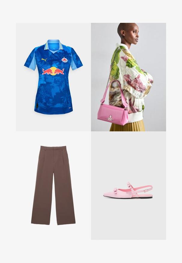 Svijetlosiva džemper s visokim izrezom, dugim rukavima i slobodnim krojem. Izrađen od teksturirane pletene tkanine s suptilnim varijacijama u boji.; Plava nogometna majica kratkih rukava s gradijentnim dizajnom, Puma logotipom, Red Bull grbom i ovratnikom s svijetloplavim akcentima.; Hlače širokih nogavica od čvrstog smešnog materijala, s glatkom teksturom, prednjim nabora i krojenim pojasom. Bez vidljivih logotipa ili uzoraka.; Ružičaste, ravne slingback cipele s šiljastim nosom i dva dekorativna mašna. Glatki sintetički materijal, minimalistički dizajn i tanka narukvica oko gležnja.; Quiltana bomber jakna s cvjetnim uzorkom u zelenoj, ružičastoj i bež boji; uparen s sjajnom ružičastom torbom s lancem i logotipom.