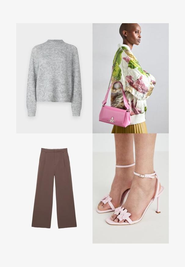 Svijetlo sivi pulover s visokim izrezom, dugim rukavima i širokim krojem. Izrađen je od teksturirane pletene tkanine s suptilnim varijacijama u boji.; Hlače širokih nogavic v enotni rjavi tkanini, z gladko teksturo, sprednjimi pregibi in natančno oblikovanim pasom. Brez vidnih logotipov ali vzorcev.; Roza sandal s peto, okrašen s cvetnimi aplikacijami, tanek zapestni trak in odprt nos. Gladka tekstura in koničasta oblika prstov.; Quiltana bomber jakna s cvetnim vzorcem v zeleni, roza in bež barvi; v kombinaciji z sijočo roza torbico z verižnim ročajem in logotipom.