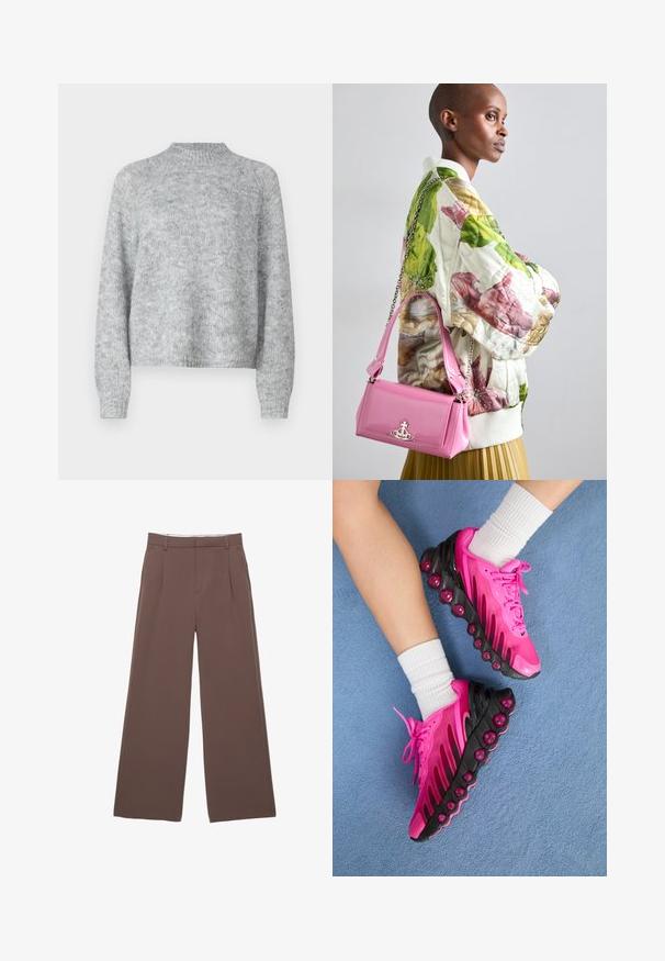 Pulover gri deschis cu guler înalt, mâneci lungi și croială lejeră. Fabricat dintr-un material tricotat texturat cu variații subtile de culoare.; Pantaloni largi dintr-un material solid de culoare maro, având o textură fină, pliseuri frontale și o talie adaptată. Fără logo-uri sau modele vizibile.; Încălțăminte sport roz cu accente negre, talpă din bule translucide, superior din plasă și șireturi. Poartă cu șosete albe de tip crew pe o suprafață albastră.; Jachetă bomber florală matlasată în verde, roz și bej; asortată cu o geantă lucioasă roz, dotată cu un braid de lanț și accesorii cu logo.