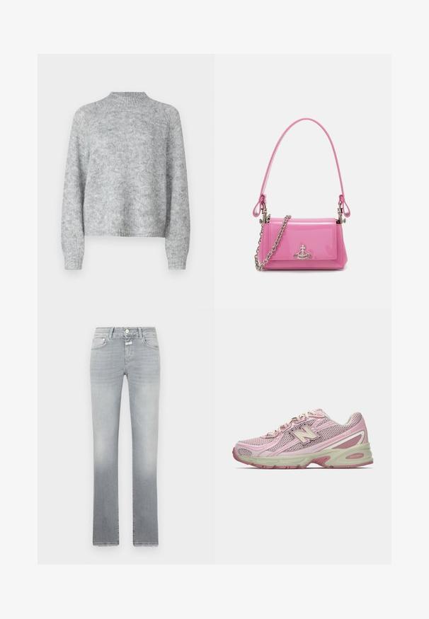 Világosszürke pulóver magas nyakkal, hosszú ujjal és laza fazonnal. Texturált kötött anyagból készült, finom színváltozatokkal.; Slim fit szürke farmernadrág, közepes derékkal, finom kopással és klasszikus, öt zsebes kialakítással, fém gombos záródással.; Rózsaszín és bézs New Balance 740 sneaker, hálós és szintetikus felsőrésszel, fűzős záródással és párnázott talppal, oldalnézetből bemutatva.; Rózsaszín lakkbőr kézitáska téglalap alakú, levehető láncos vállpánttal és ezüst színű részletekkel az elején.