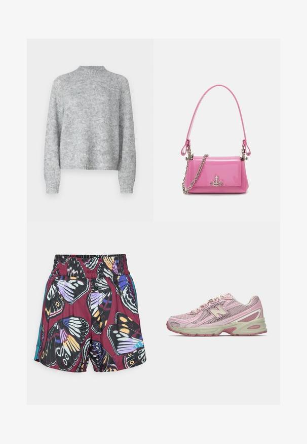 Világosszürke pulóver magas nyakkal, hosszú ujjal és laza fazonnal. Texturált kötött anyagból készült, finom színváltozatokkal.; Rövidnadrág élénk pillangómintával lila, fekete és narancssárga árnyalatokban. Gumírozott derékpánt, finom oldalain türkiz kiegészítőkkel.; Rózsaszín és bézs New Balance 740 sneaker, hálós és szintetikus felsőrésszel, fűzős záródással és párnázott talppal, oldalnézetből bemutatva.; Rózsaszín lakkbőr kézitáska téglalap alakú, levehető láncos vállpánttal és ezüst színű részletekkel az elején.